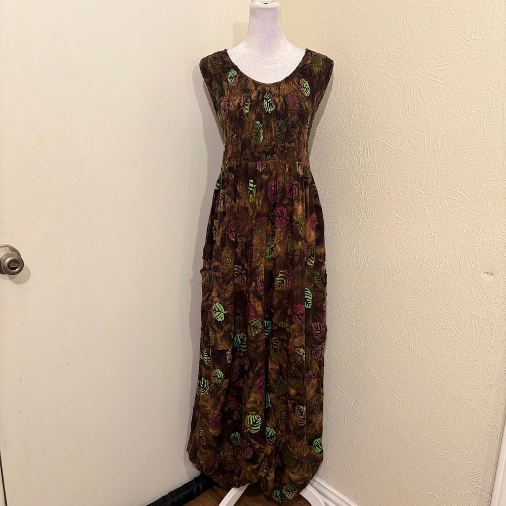 Lotus Traders Brown Batik Leaf Print Smocked Maxi Dress Boho Fairycore Forest